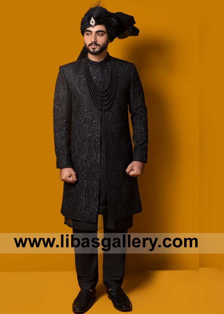Heavily embroidered Black Sherwani meticulously crafted for discerning Groom