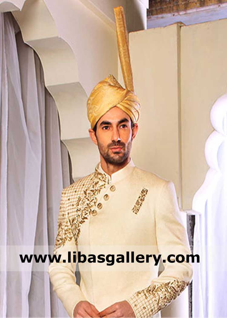 Jamawar Gold Tower fan pretied turban for men wedding