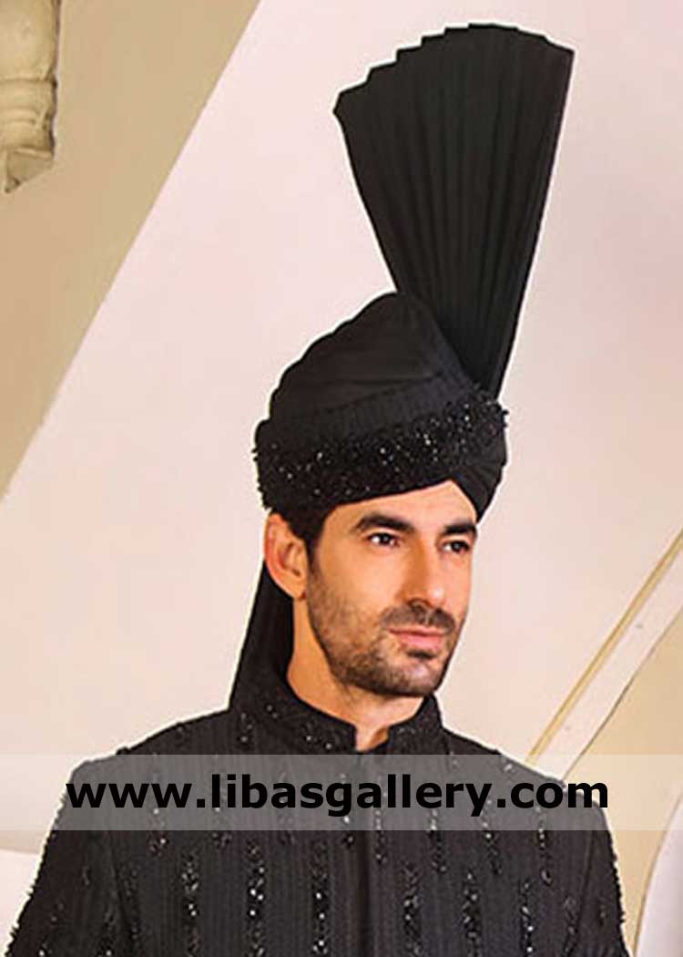 Black fancy tower based groom nikah barat turban with embellishment