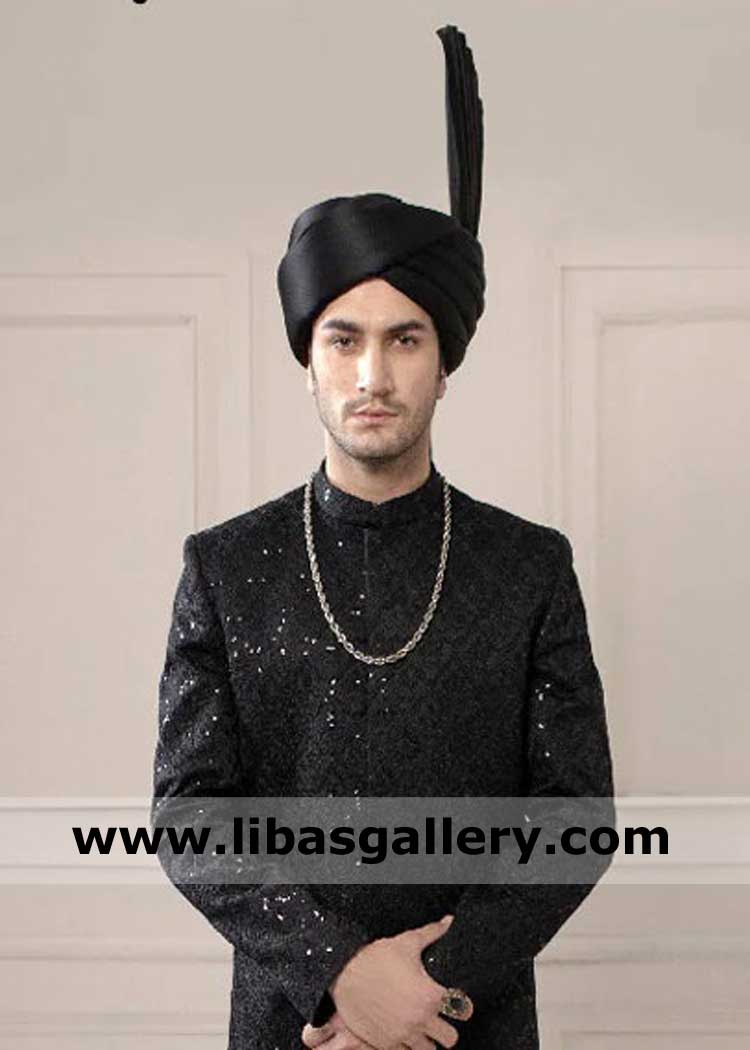 Black groom tower turban pretied matching to sherwani