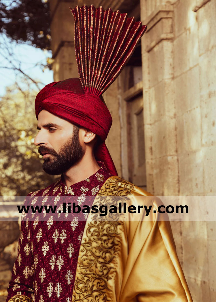 Red wedding turban fan tower style for nikah barat time