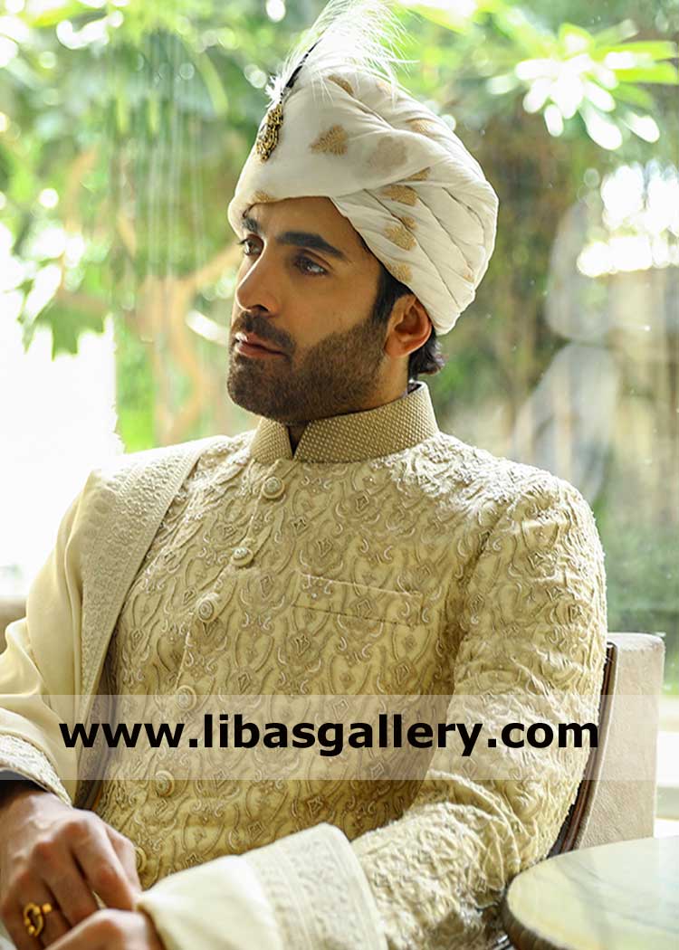 Groom Pretied off white beautiful Wedding Turban with Tail