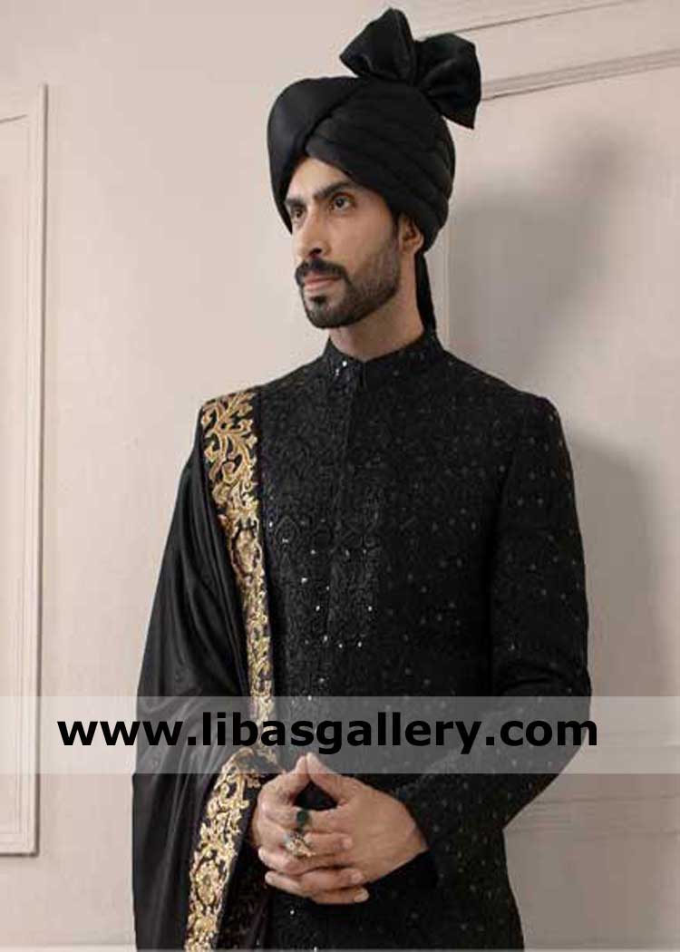 Black wedding turban with multi moves round tightly wrapped on cap designed for Nikah barat good day groom Austria Italy Belgium