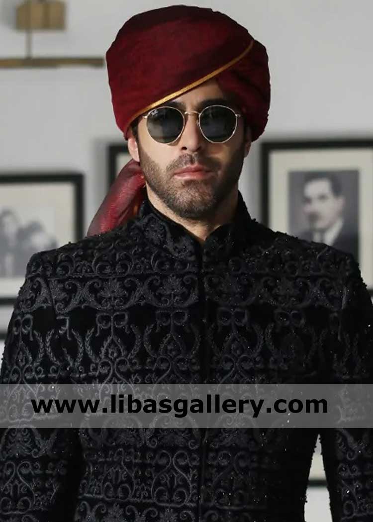 Tightly wrapped Red Turban for Smart Groom Nikah day with golden piping order online pakistani shadi pagri new york california chicago USA