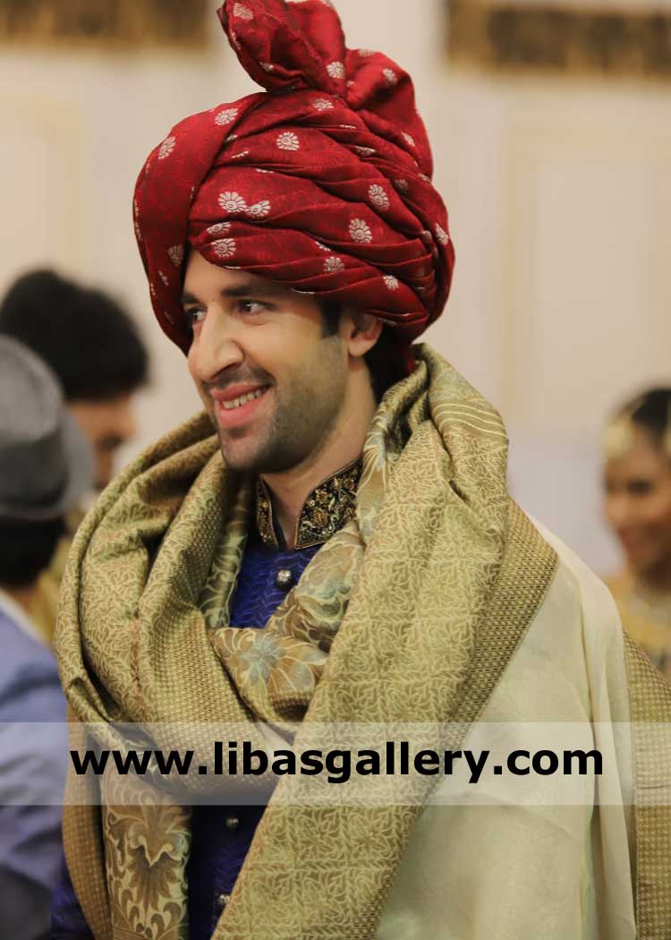Red turban for groom in jamawar with shamla and tail custom made jamawar pagri uk usa canada dubai australia