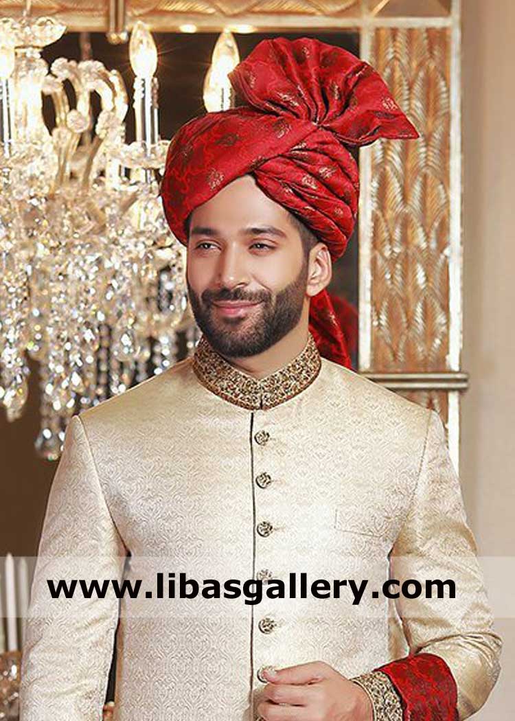 Red Jamawar Turban pretied with shamla and tail for groom and family persons make to order red brocade pagri Indianapolis Seattle Spokane USA