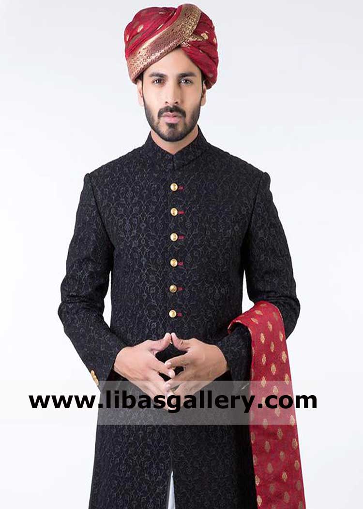 Red jamawar groom pagri for happy wedding day 