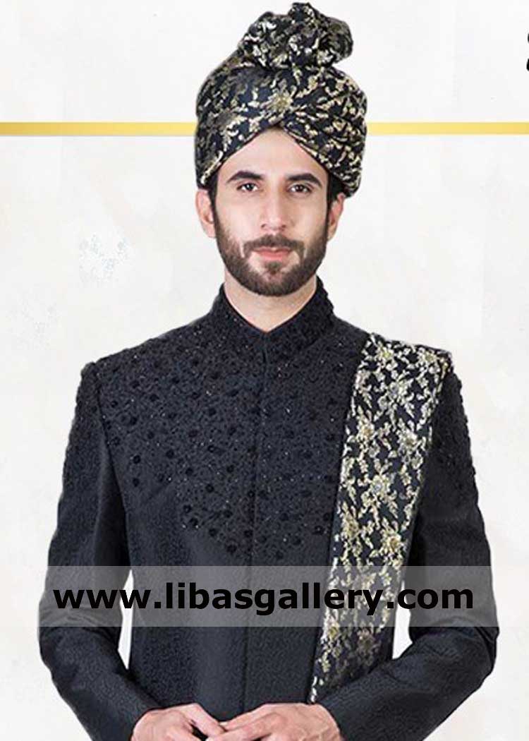 Black Banarsi jamawar latest groom wedding turban with tail shamla trendy nikah pagri for young man wedding event Asia Europe South Africa America
