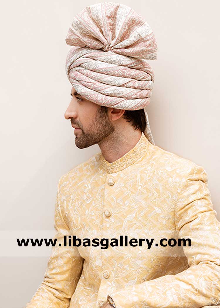 Groom unique and stylish pretied turban for marriage made on cap and head size perfect fitting with fast delivery worldwide saudi arabia qatar australia