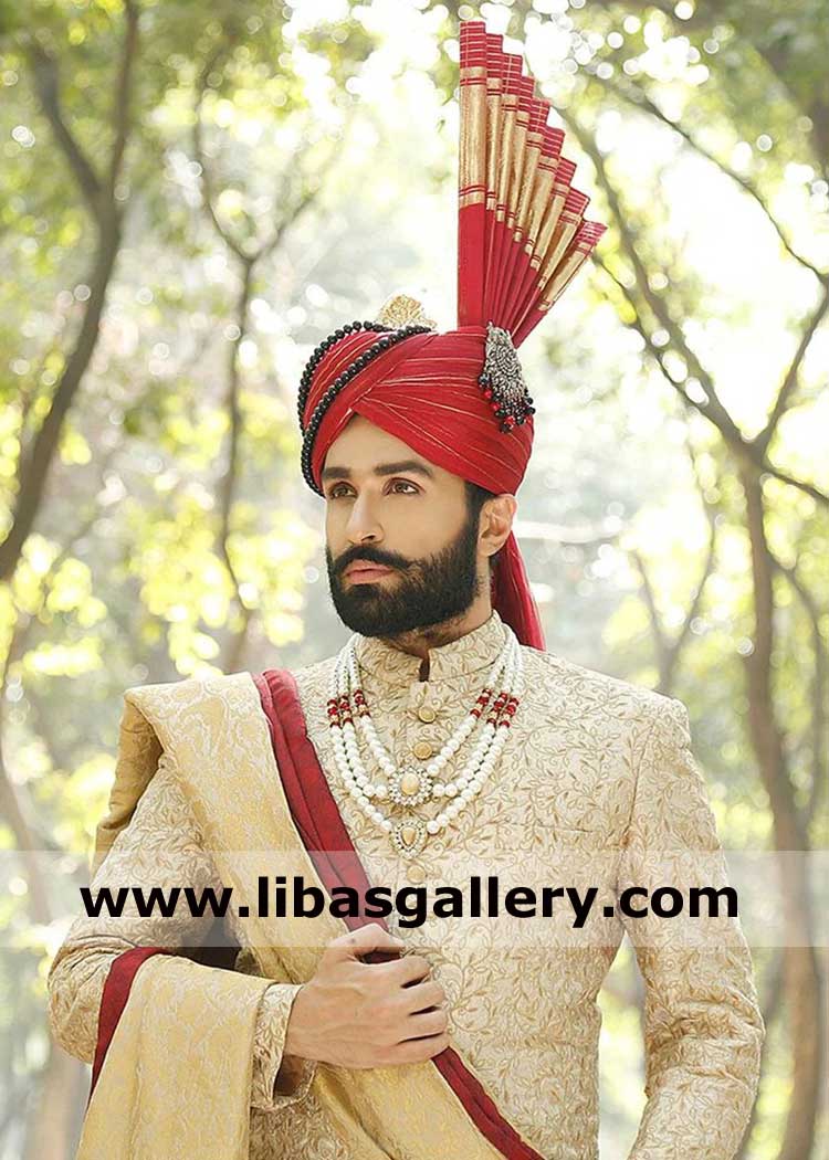 Royal style red Turban with jewelry pc for nikah day groom and pagri decorated by brooch and beads string uk usa canada dubai australia