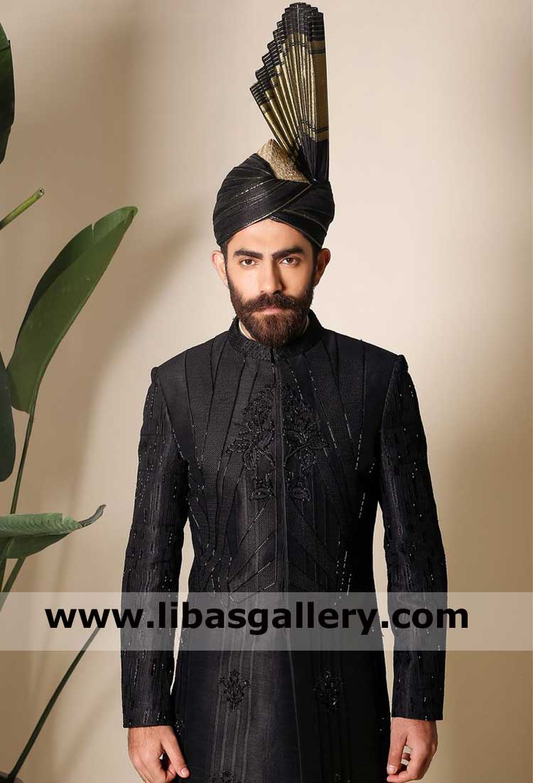 Black tower Fan style groom wedding kulla sheheryar munawar spotted for nikah barat made on gold cap fast delivery worldwide Qatar USA France