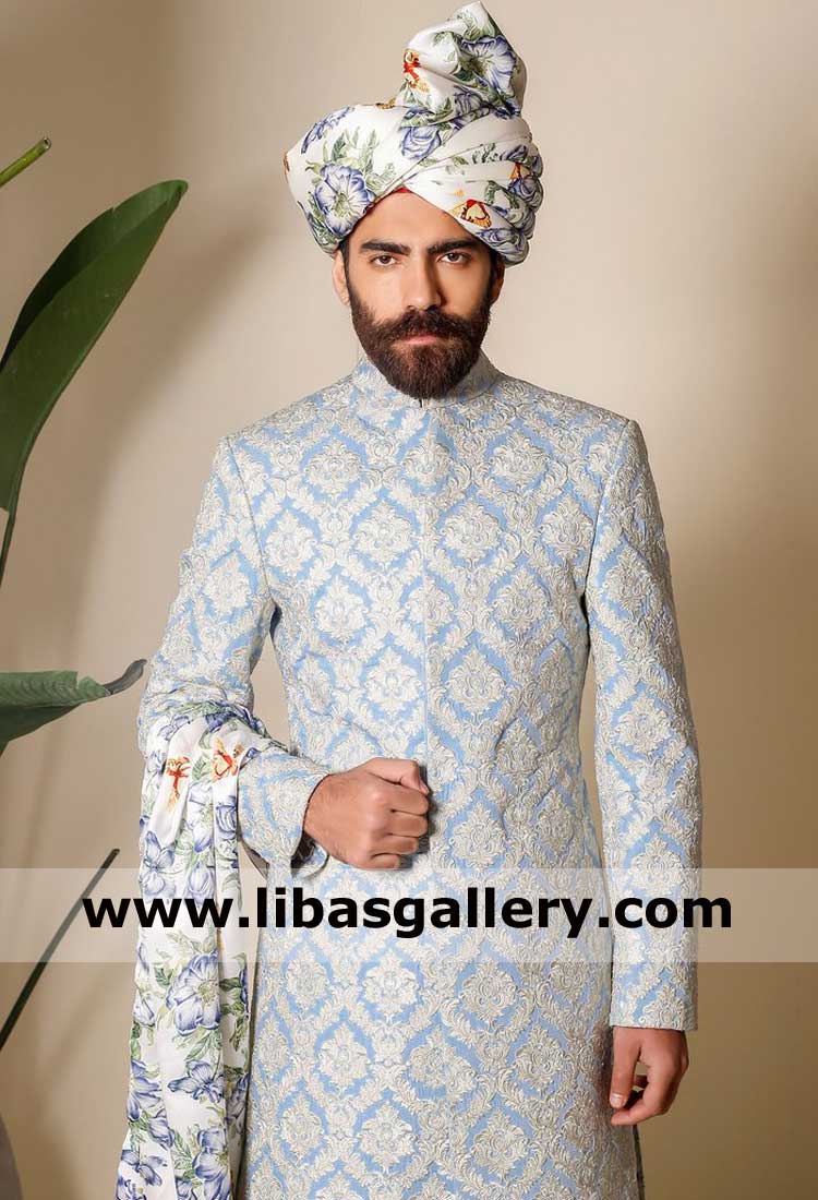 groom wedding turban made in printed fabric off white color with shamla and tail to carry on hand scotland england netherland thailand switzerland