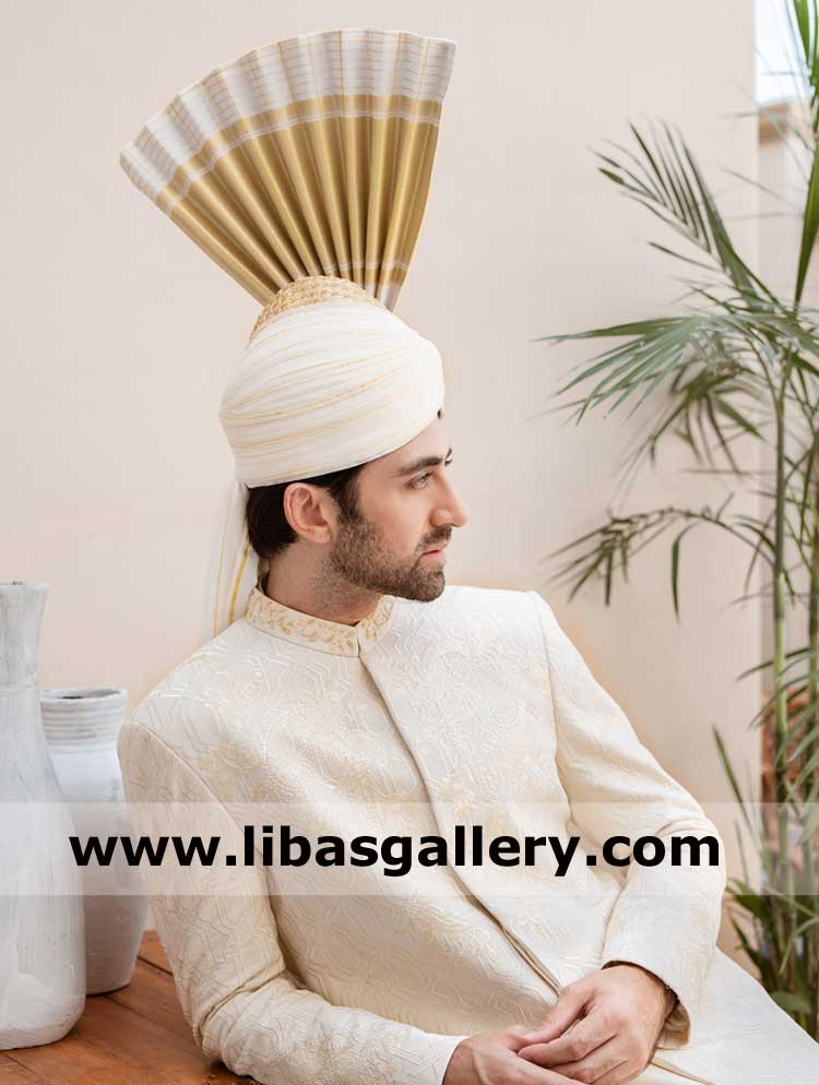 Off white Gold Tower Fan Style Groom Turban for marriage day excitement place order online with quick delivery options worldwide uk usa canada dubai australia