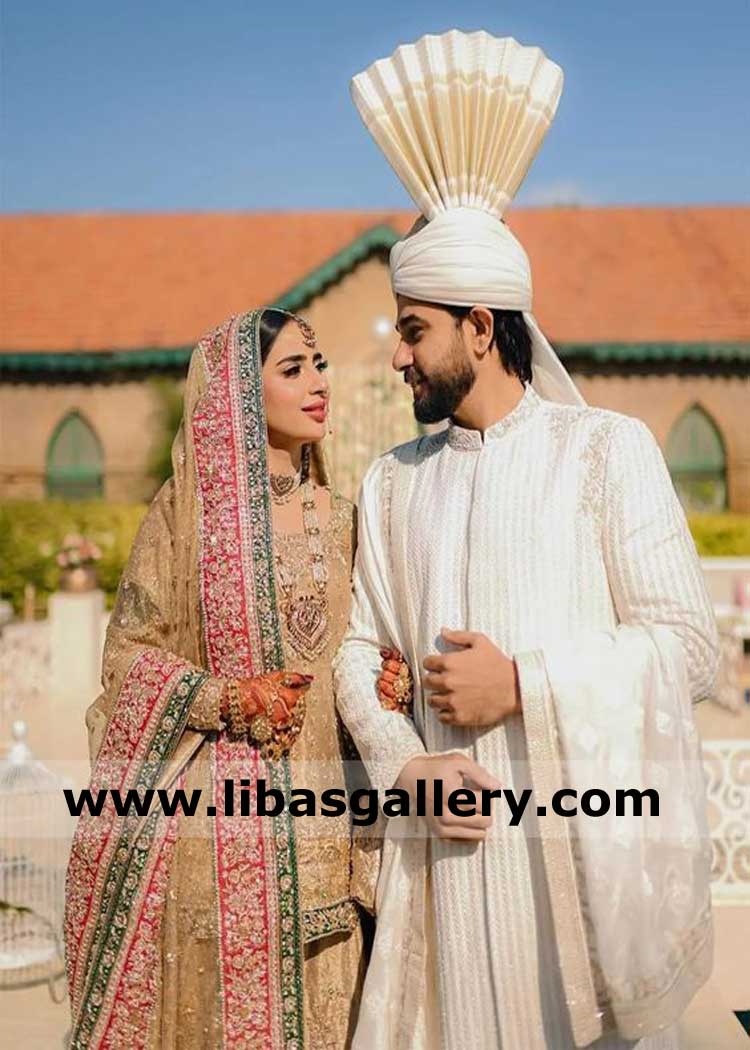 Ali Ansari Off White Gold Punjabi Style Wedding Kulla with Tall Fan to get good compliments from your pretty bride after Nikah Ceremony UK USA Dubai Australia Canada