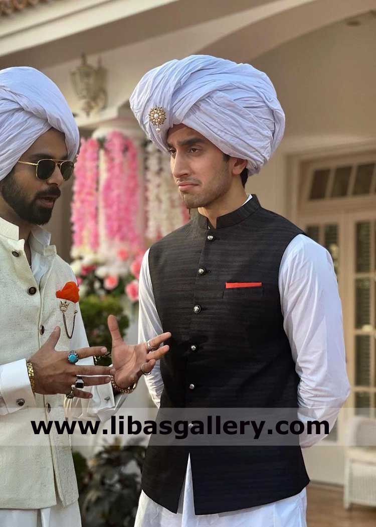 Hamza Sohail discussing in Rajasthani Style Groom Turban with pearl Brooch for wedding and occasion book your head size pagri online UK USA Canada