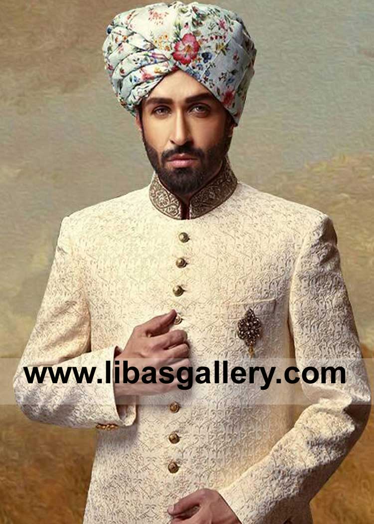 Azfar Rehman in Floral multi color Pattern Printed Groom Wedding Turban Pretied by Designer for Nikah barat with sherwani Perth London Toronto