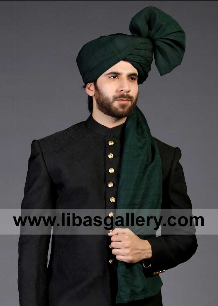 Dark Green Groom superb Wrapping Style Turban Pretied with attractive moves to wear with Nikah Sherwani Suit California Manchester Vancouver