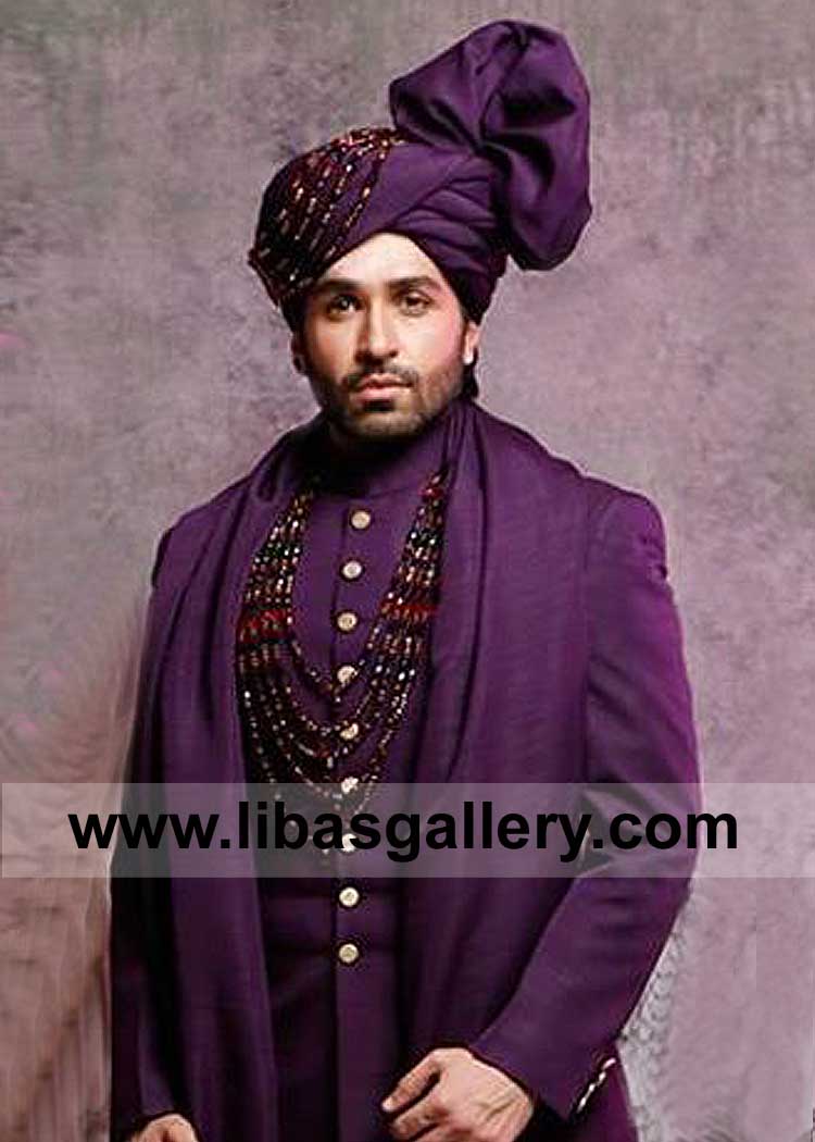 Azfar Rehman looking handsome in Designer Purple Pagri for Nikah Marriage day with Shamla and Mala Setting Raleigh Bakersfield Mobile USA