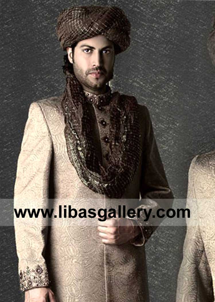 Wedding Turban brown with Zari Silver lines on Fabric and Tail for Groom Nikah Barat Day to wear on Sherwani Illinois Nashville Louisville USA