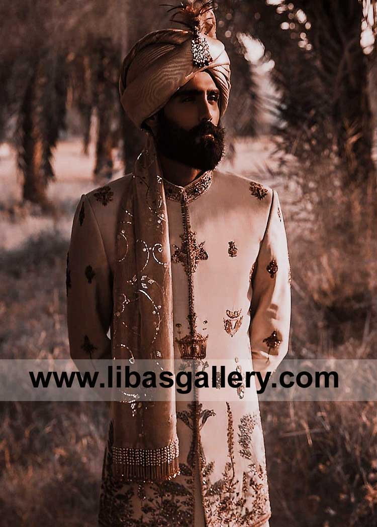 Hasnain Lehri in Designer Peach Banarsi Organza Nikah Wedding Turban with Shamla and Short Tail with embroidery Qatar Saudi Arabia USA UK