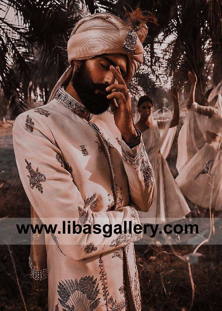 Peach Nikah Wedding Turban with Shamla and embroidered Tail