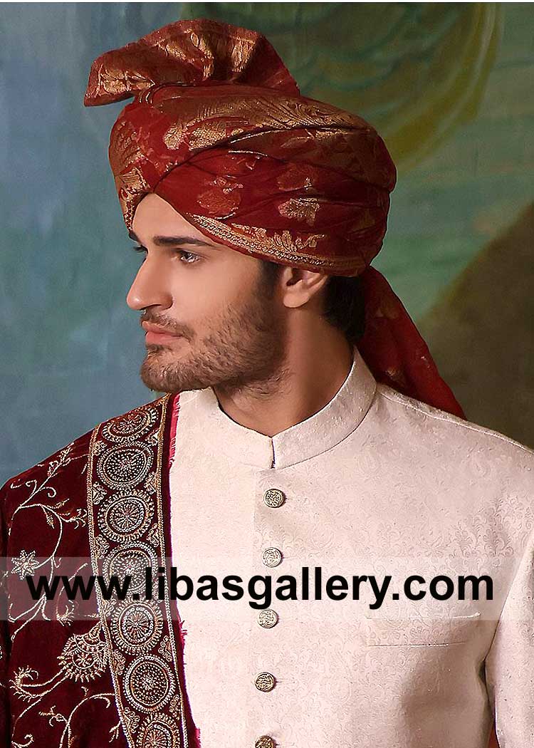 Traditional Red Gold Jamawar Nikah Turban for sherwani made on Saree Fabric which you can open to use after Nikah for wife lehenga UK USA Canada