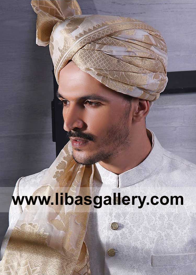 Off white Gold Jamawar Groom Nikah Turban with Short tail to wear on Any color Sherwani Style in matching or contrast Jacksonville San Diego Dallas USA