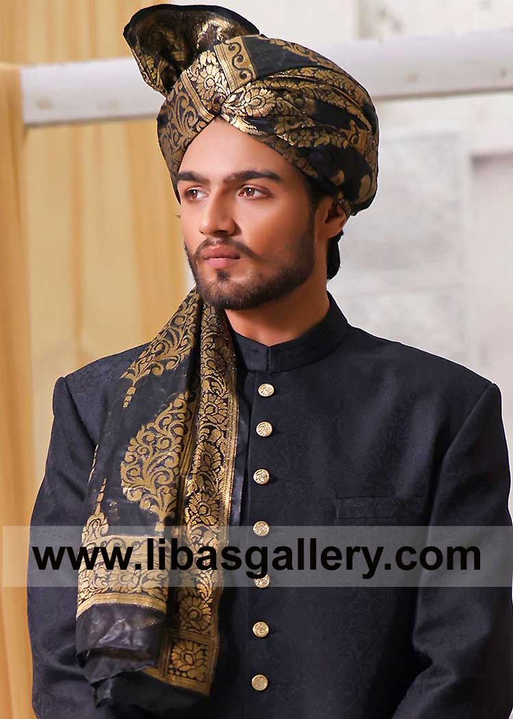 Traditional Black Gold Groom Wedding Turban in Organza and Jamawar to Wear on Black and other color Sherwani on Nikah Perth Glasgow Phoenix