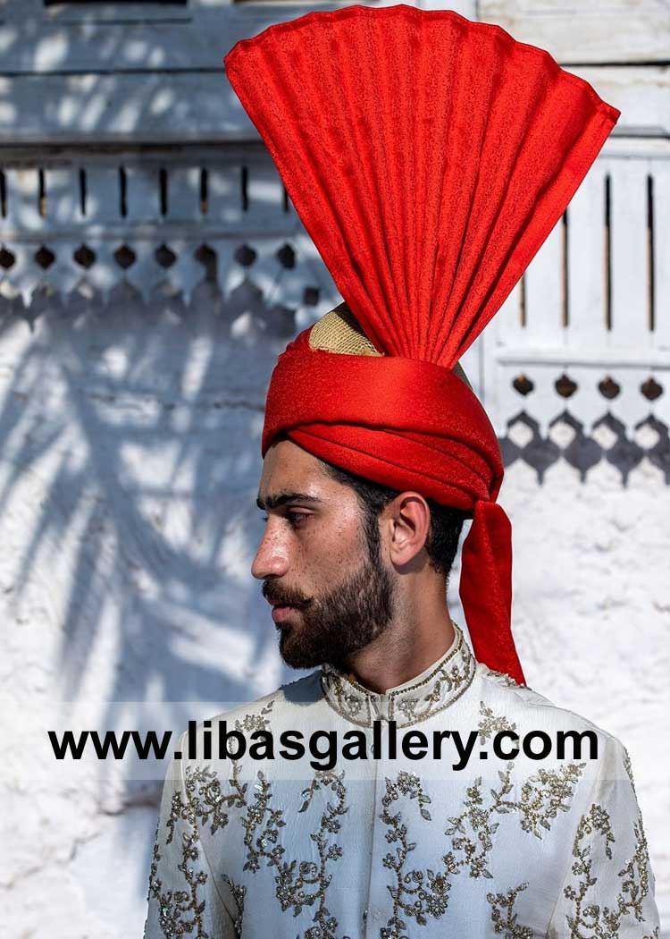 Red Kulla for Men Nikah day to wear on Sherwani in Punjabi Style Wedding with fast making and worldwide delivery options Malaysia Singapore Taiwan France
