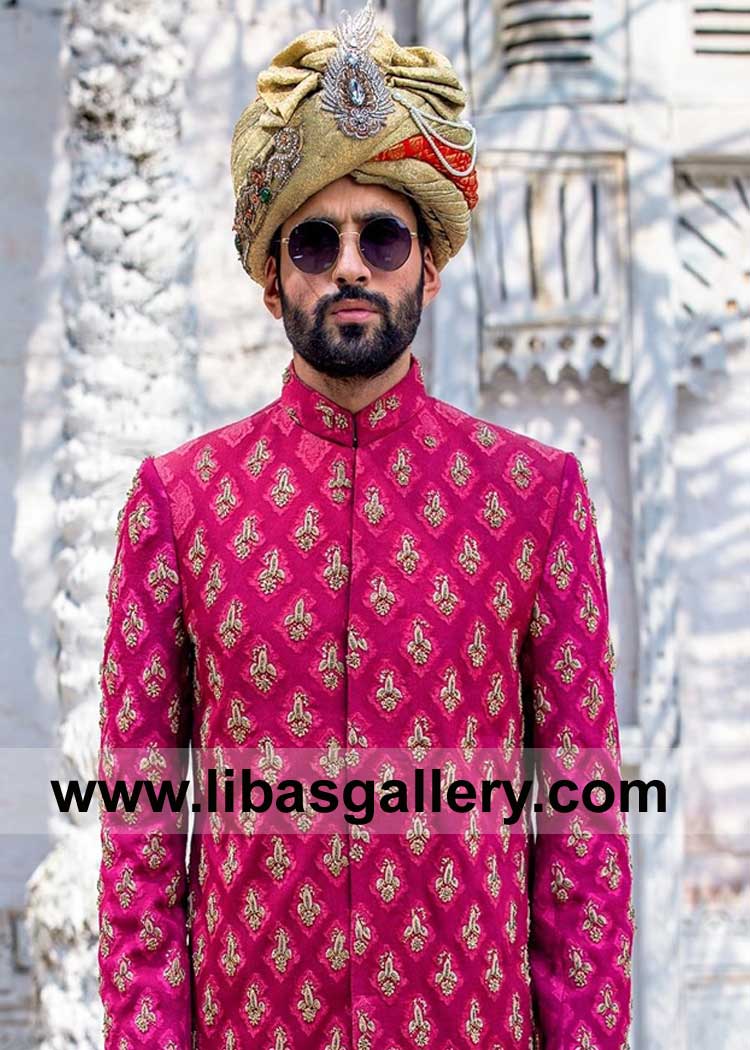Royal Style Jamawar Turban for Prince Style Wedding Ceremony decorated with Brooch and lace tightly wrapped fast delivery UK USA Canada Australia Dubai