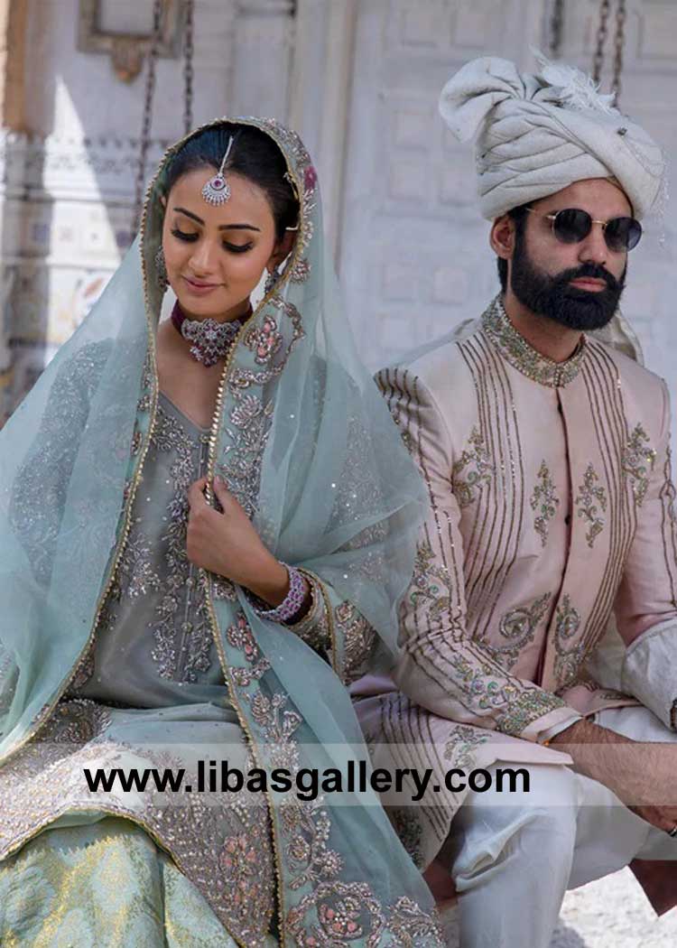 Groom off white stylish pretied Nikah Turban to sit with lovely bride after Nikah ceremony order online Nikah Pagdi for Wedding Qatar Saudi Arabia Dubai UK USA