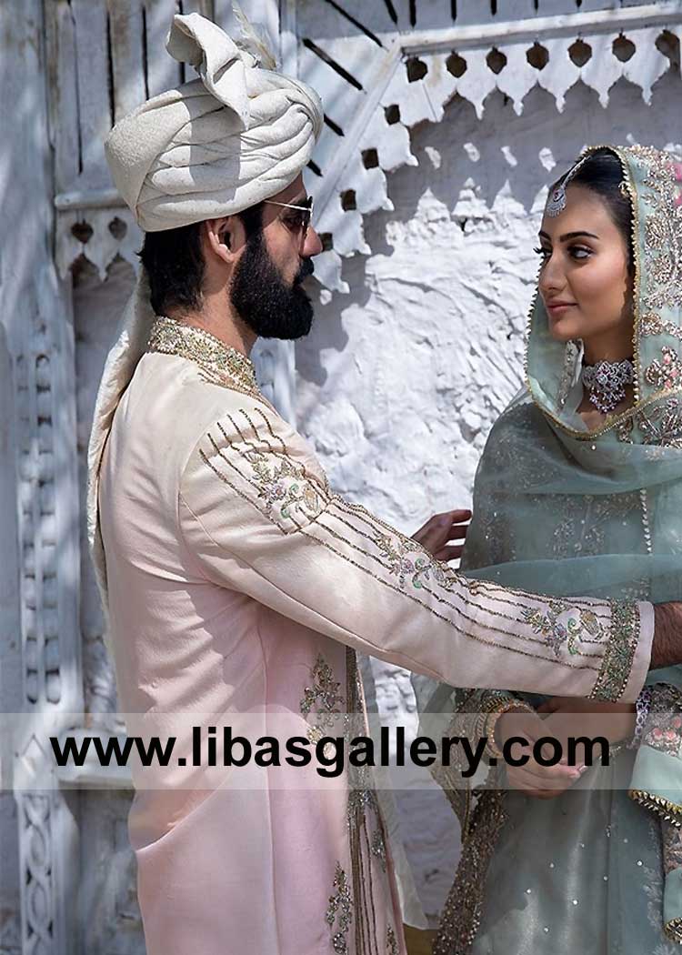 Groom off white stylish pretied Nikah Turban to sit with lovely bride