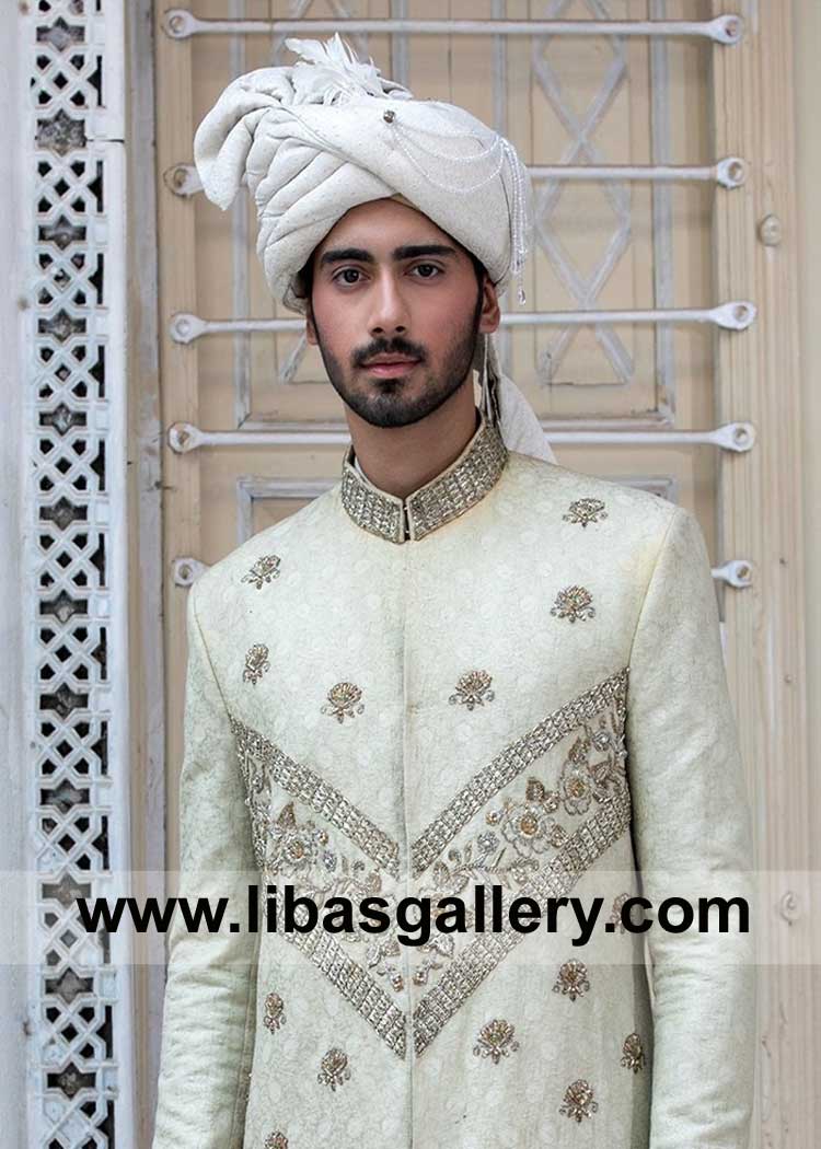 off white groom wedding turban to wear on sherwani and prince coat decorated with mala ideal for Nikah Barat Plymouth Sydney Dubai Washington Mississauga