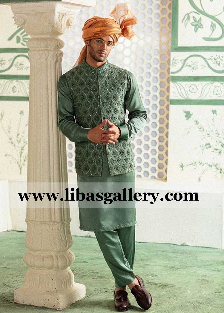 olive green designer waist coat embroidered suit for groom