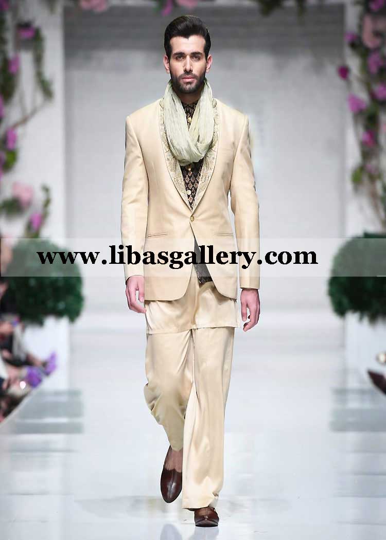 beige prince coat with embroidered lapel and black jamawar vest
