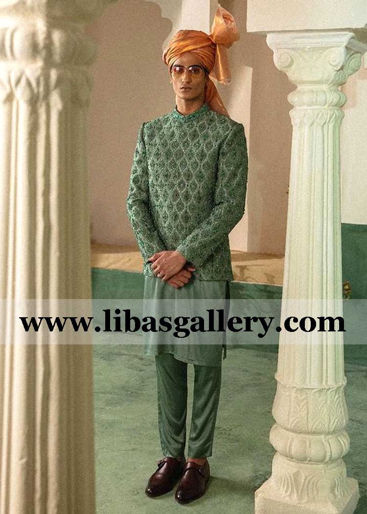 olive green luxury designer prince coat kora dabka stones beads hand embroidered motifs matching inner and rust orange turban france uk usa uae