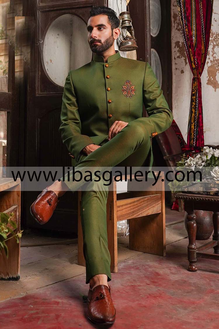 green wedding prince coat made in tropical suiting fabric high quality intensive tilla work on chest area buy online uk usa canada
