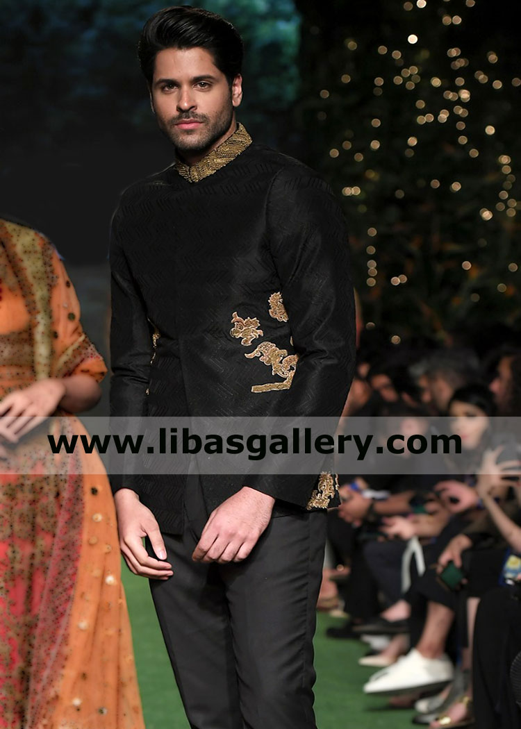 Black stylish jamawar occasion prince coat suit