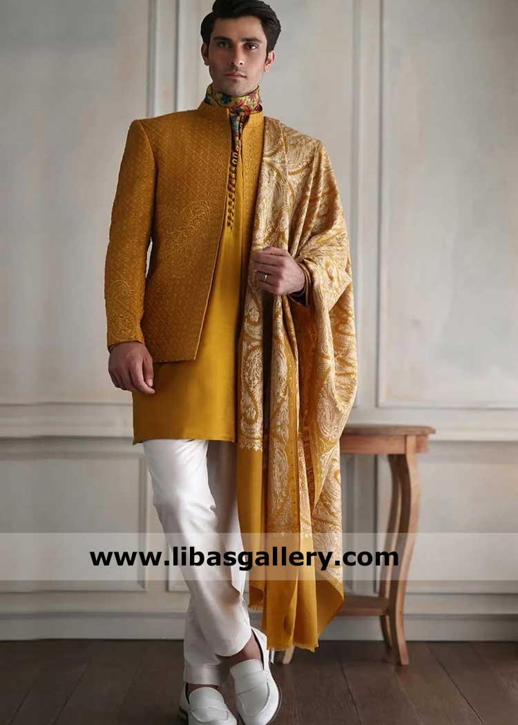 Mustard Shawl for Groom Mehndi event, Groom shawl with white inner, Groom wedding shawls UK USA Canada Dubai Australia