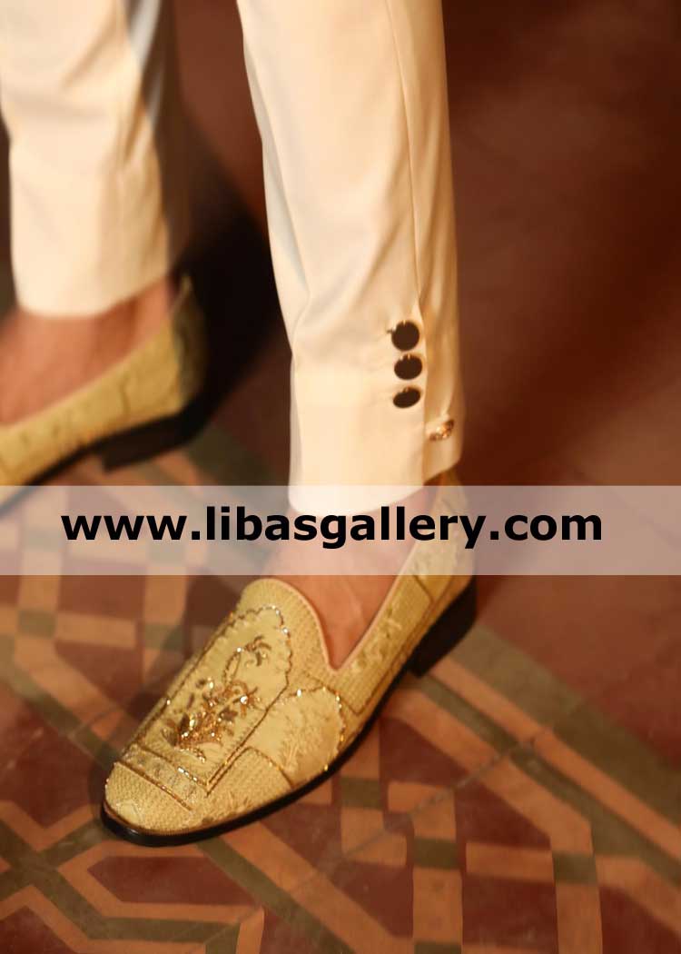 Groom Gold hand Embellished Wedding Shoes for Nikah Barat day matching to sherwani fabric and work UK USA Canada Australia Dubai