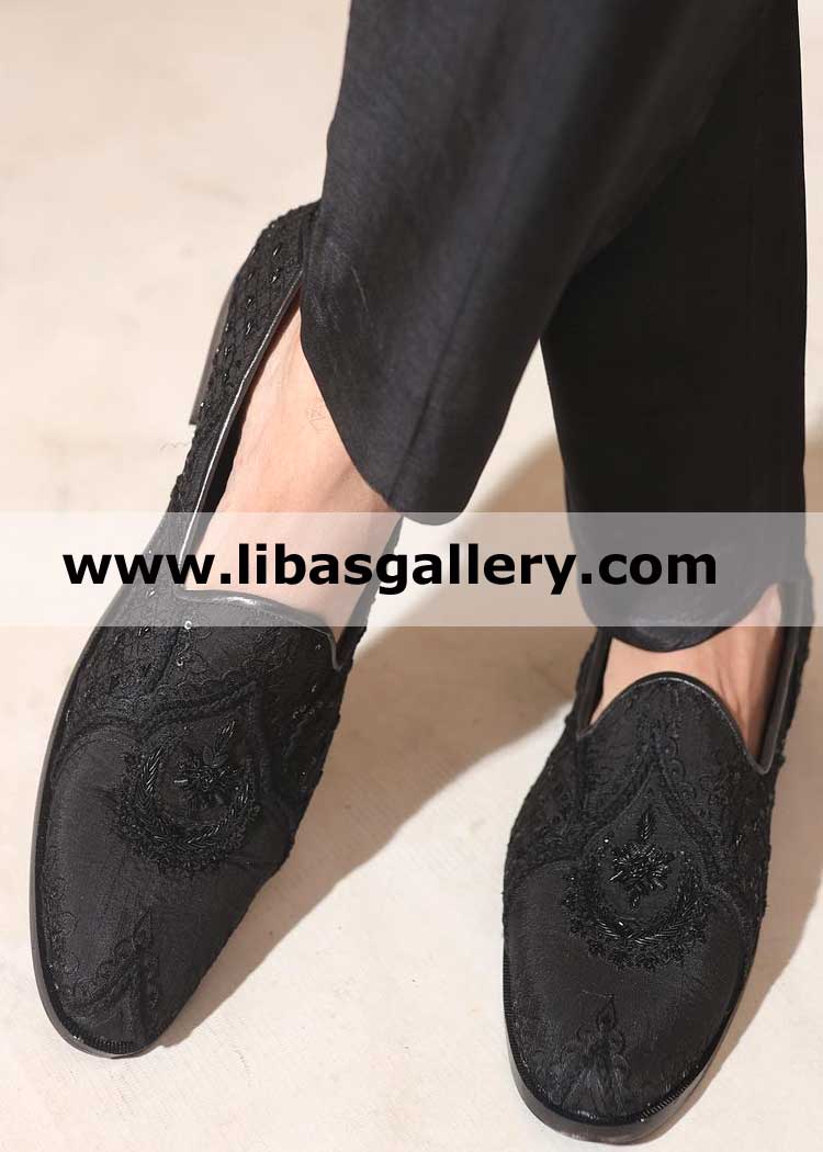 Black hand Embellished Men Wedding Shoes for Nikah and barat Moments made by kora dabka beads hand work London Chicago Perth Dubai Toronto