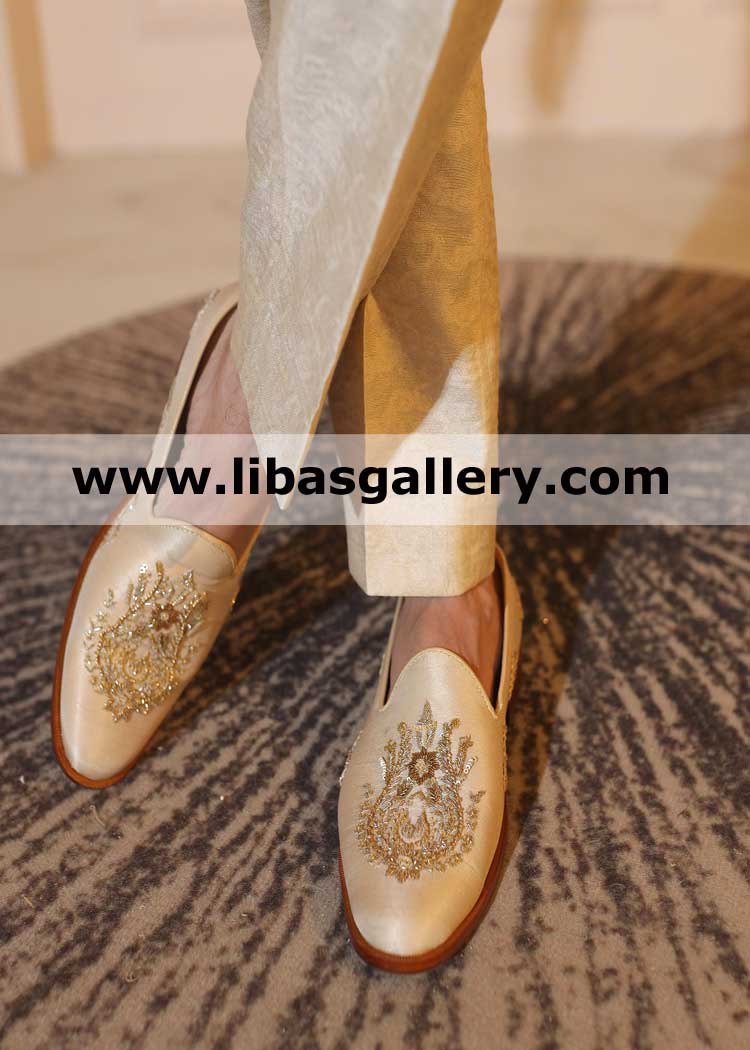 Gold Groom Wedding Shoes with Gold hand embellishment for Wedding Event work made by beautiful Gold Kora dabka stones Quebec city Surrey Laval Halifax Vancouver