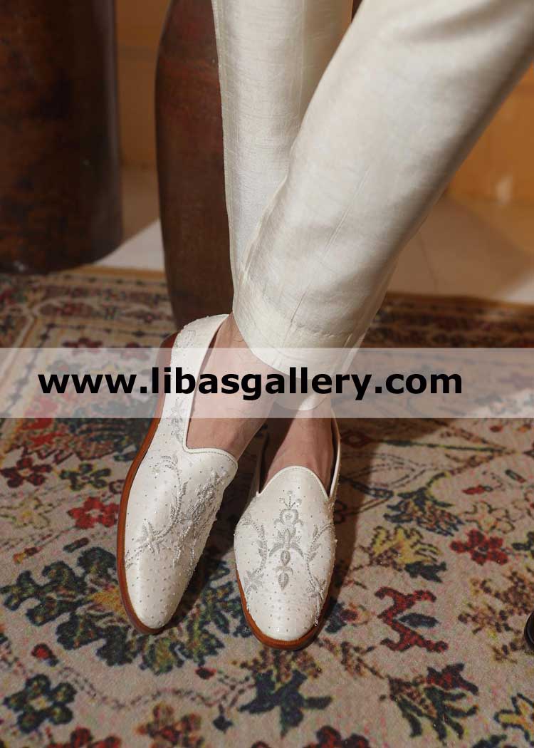 Off White Groom wedding Shoes with Silver hand Embellishment for Wedding can be matching to sherwani dress fabric and hand work Qatar Saudi Arabia Kuwait Japan Korea
