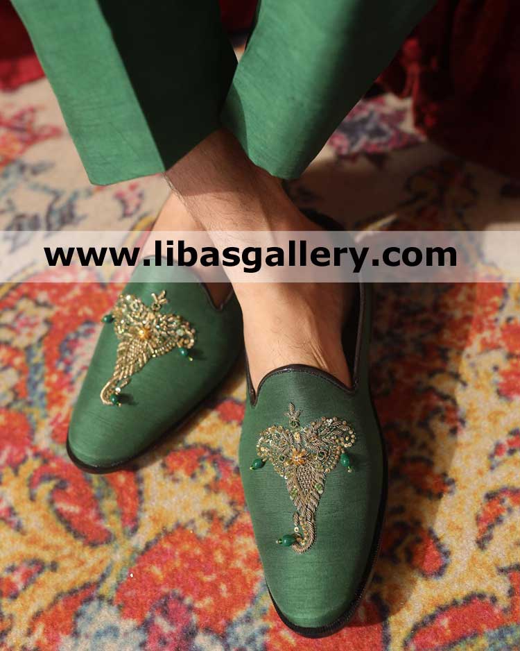 Green Groom Wedding Shoes for Nikah Barat with Gold Kora Dabka hand Embroidery and dyed gold green pearls Scotland England Netherland New Zealand Dubai