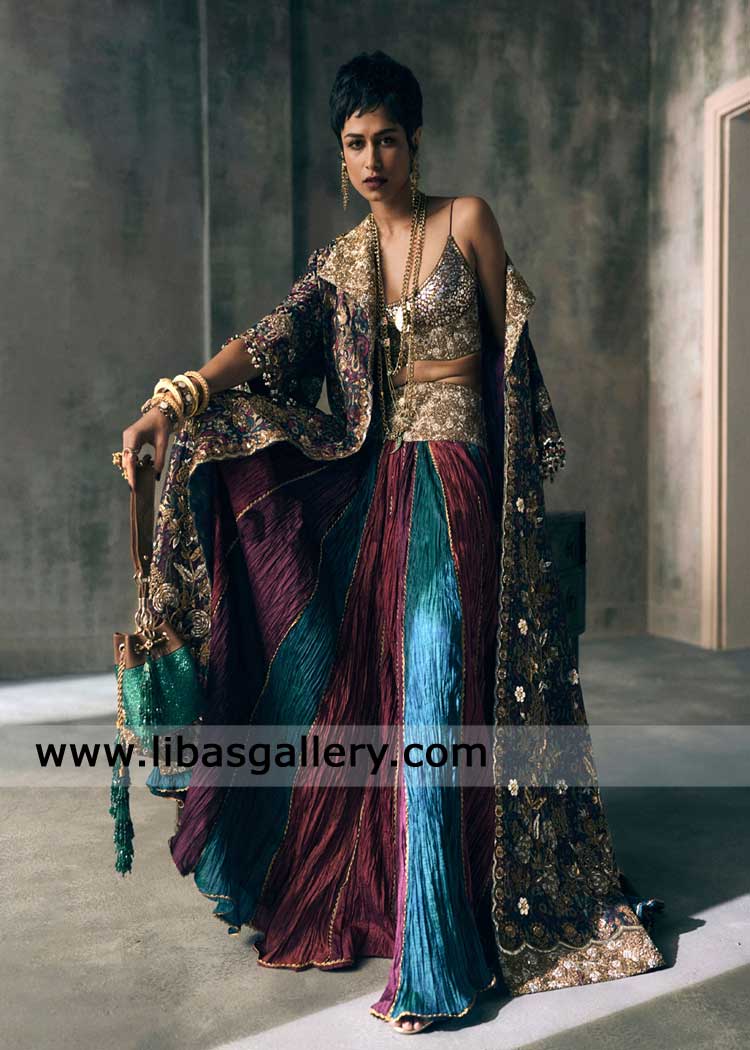 Jewel tone embellished jacket with crushed lehenga