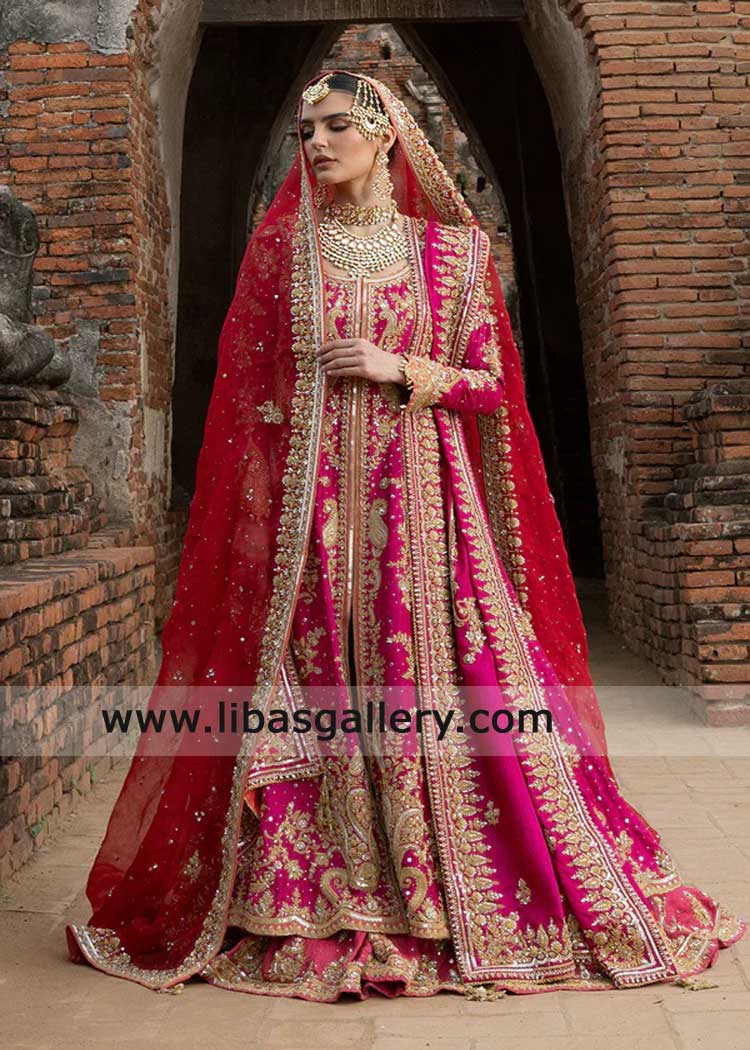 Hot pink Bridal With Farshi Gharara and Dupatta