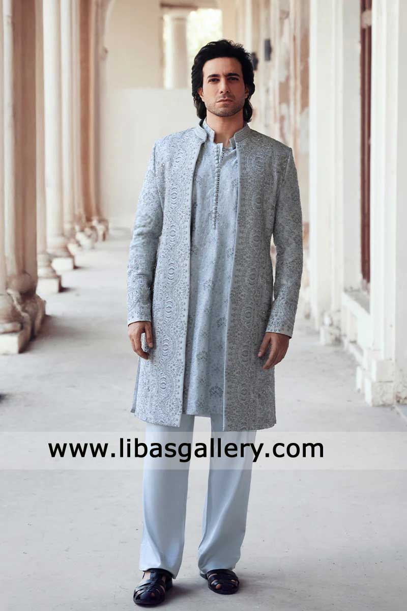 Ice Blue open style Embroidered Wedding Sherwani