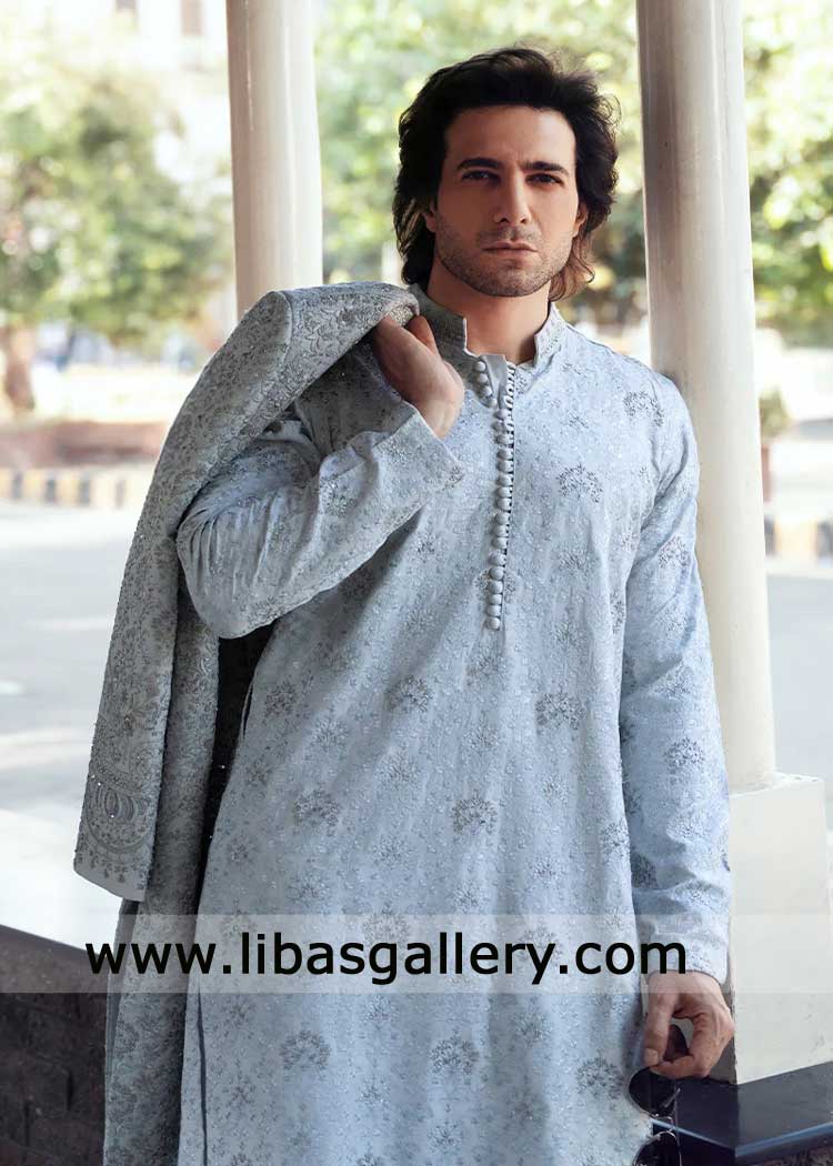 Ice Blue open style Embroidered Wedding Sherwani
