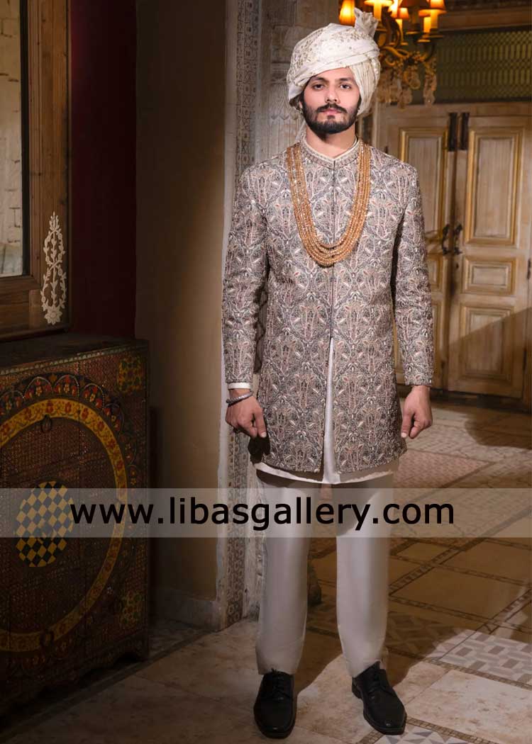 Imperial Antique Gold base Groom Wedding Sherwani hand embellished metallic kora dabka