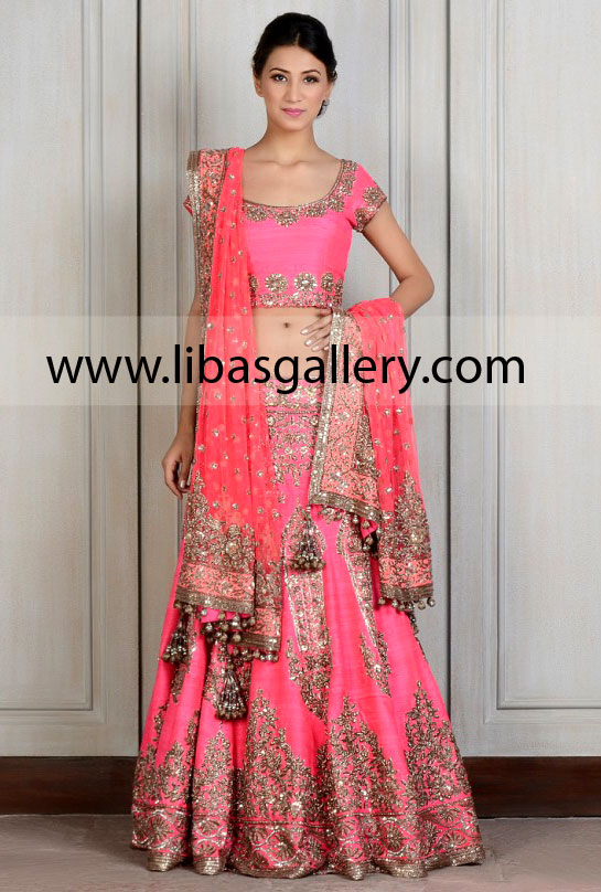 indian wedding dress lehenga choli pink color with silver antique hand embellishment on lehenga all over and dupatta 4 sides indian bangladesh sri lanka